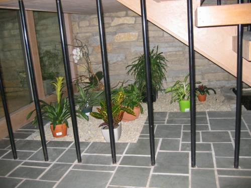 Entry floating staircase; rock garden under stairs